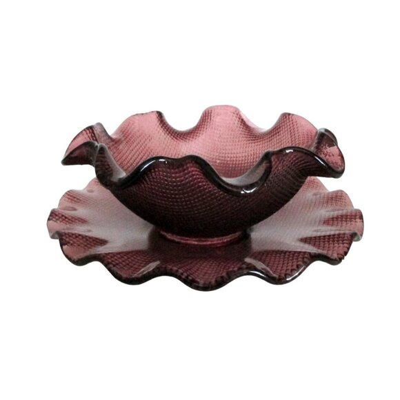 Amethyst Glass Ruffled Bowl & Underliner - Colony Mayo Condiment Serving Set - Picture 1 of 7